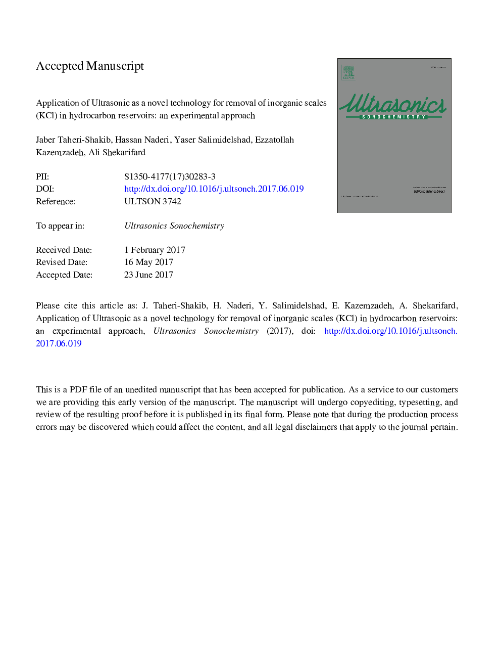 Application of ultrasonic as a novel technology for removal of inorganic scales (KCl) in hydrocarbon reservoirs: An experimental approach