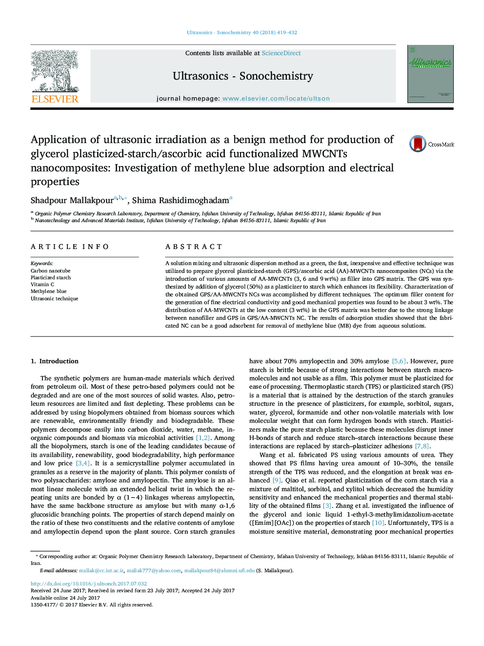 Application of ultrasonic irradiation as a benign method for production of glycerol plasticized-starch/ascorbic acid functionalized MWCNTs nanocomposites: Investigation of methylene blue adsorption and electrical properties