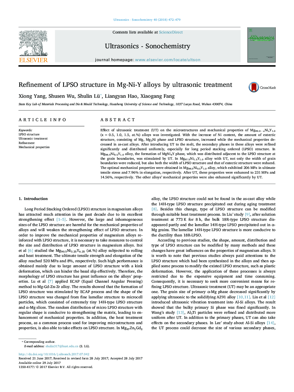 Refinement of LPSO structure in Mg-Ni-Y alloys by ultrasonic treatment