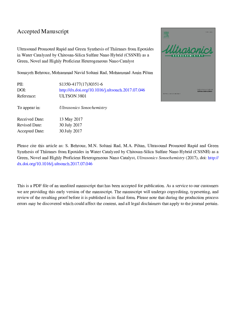 Ultrasound promoted rapid and green synthesis of thiiranes from epoxides in water catalyzed by chitosan-silica sulfate nano hybrid (CSSNH) as a green, novel and highly proficient heterogeneous nano catalyst