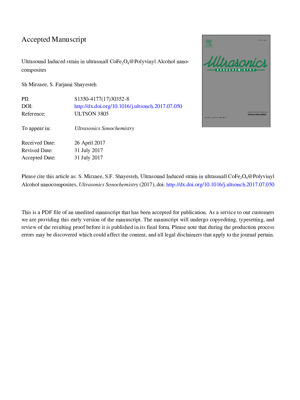 Ultrasound induced strain in ultrasmall CoFe2O4@polyvinyl alcohol nanocomposites