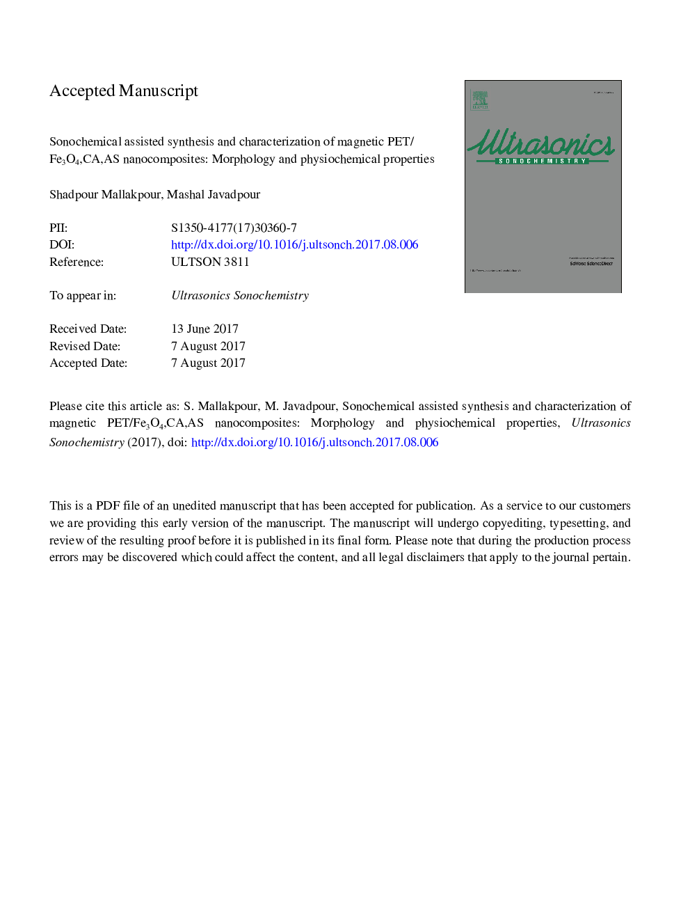 Sonochemical assisted synthesis and characterization of magnetic PET/Fe3O4, CA, AS nanocomposites: Morphology and physiochemical properties