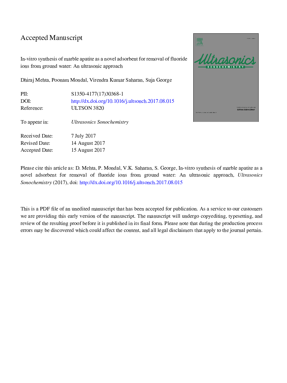 In-vitro synthesis of marble apatite as a novel adsorbent for removal of fluoride ions from ground water: An ultrasonic approach