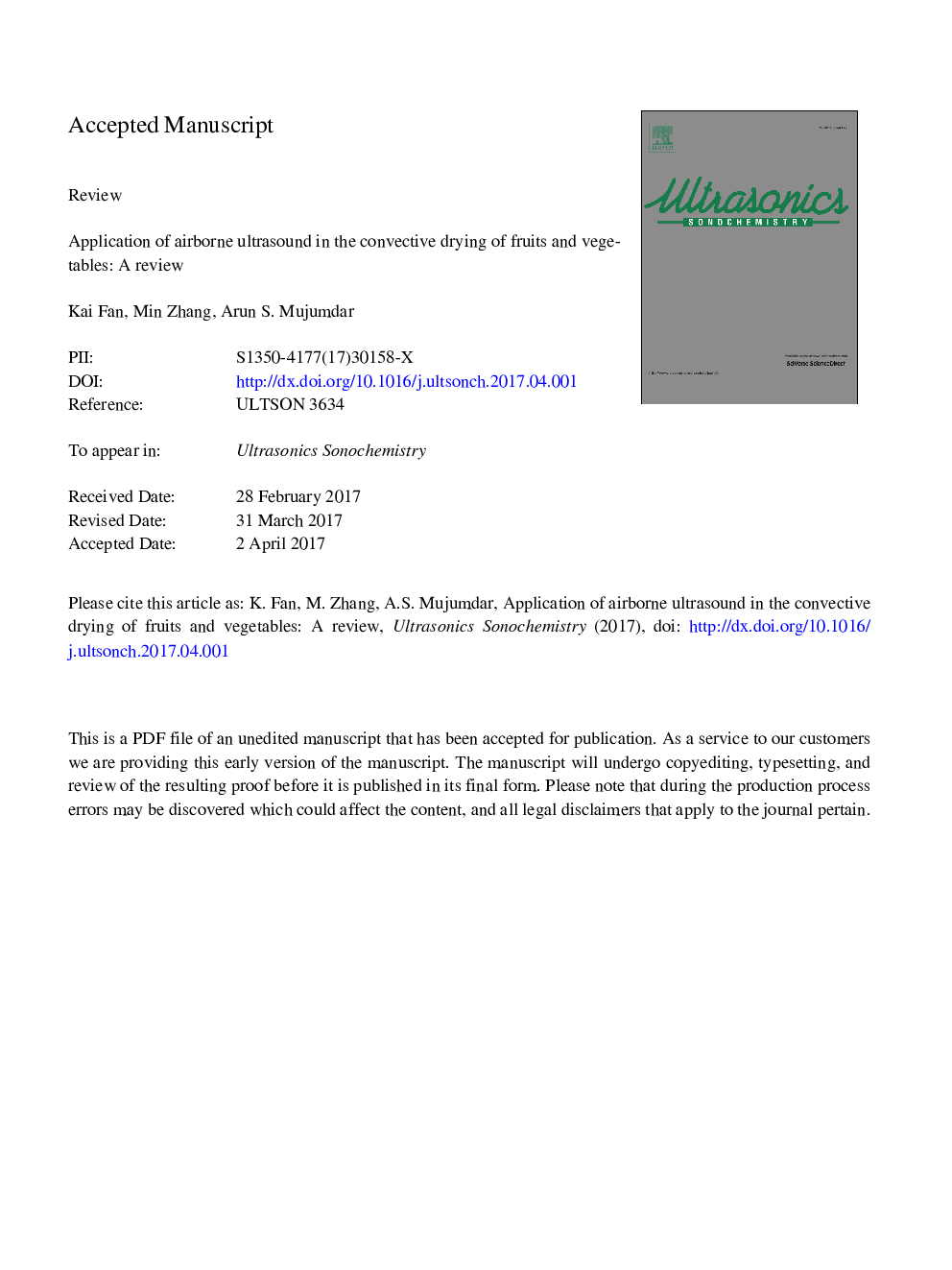 Application of airborne ultrasound in the convective drying of fruits and vegetables: A review