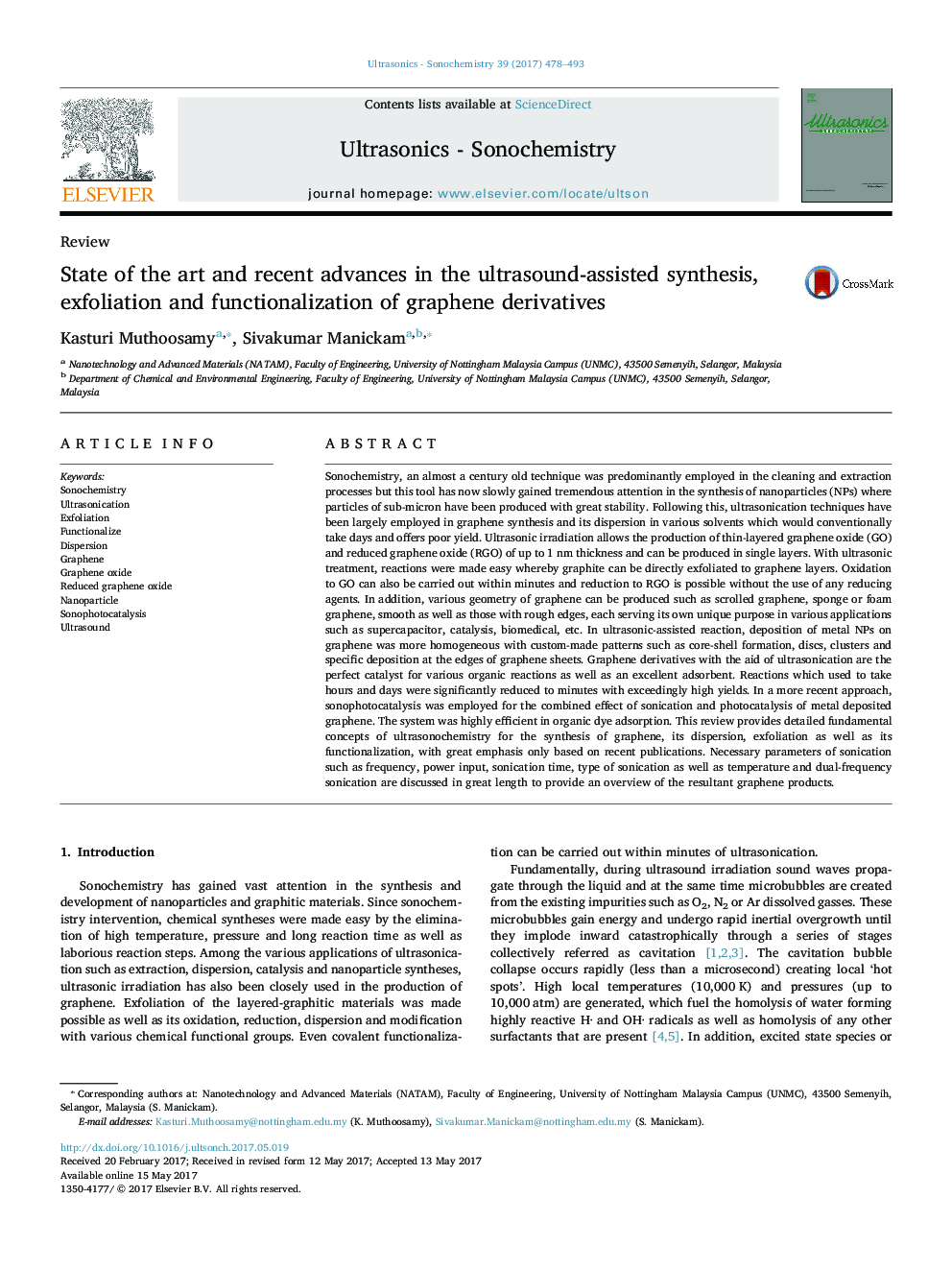 State of the art and recent advances in the ultrasound-assisted synthesis, exfoliation and functionalization of graphene derivatives