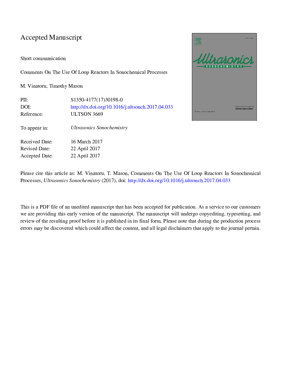 Comments on the use of loop reactors in sonochemical processes