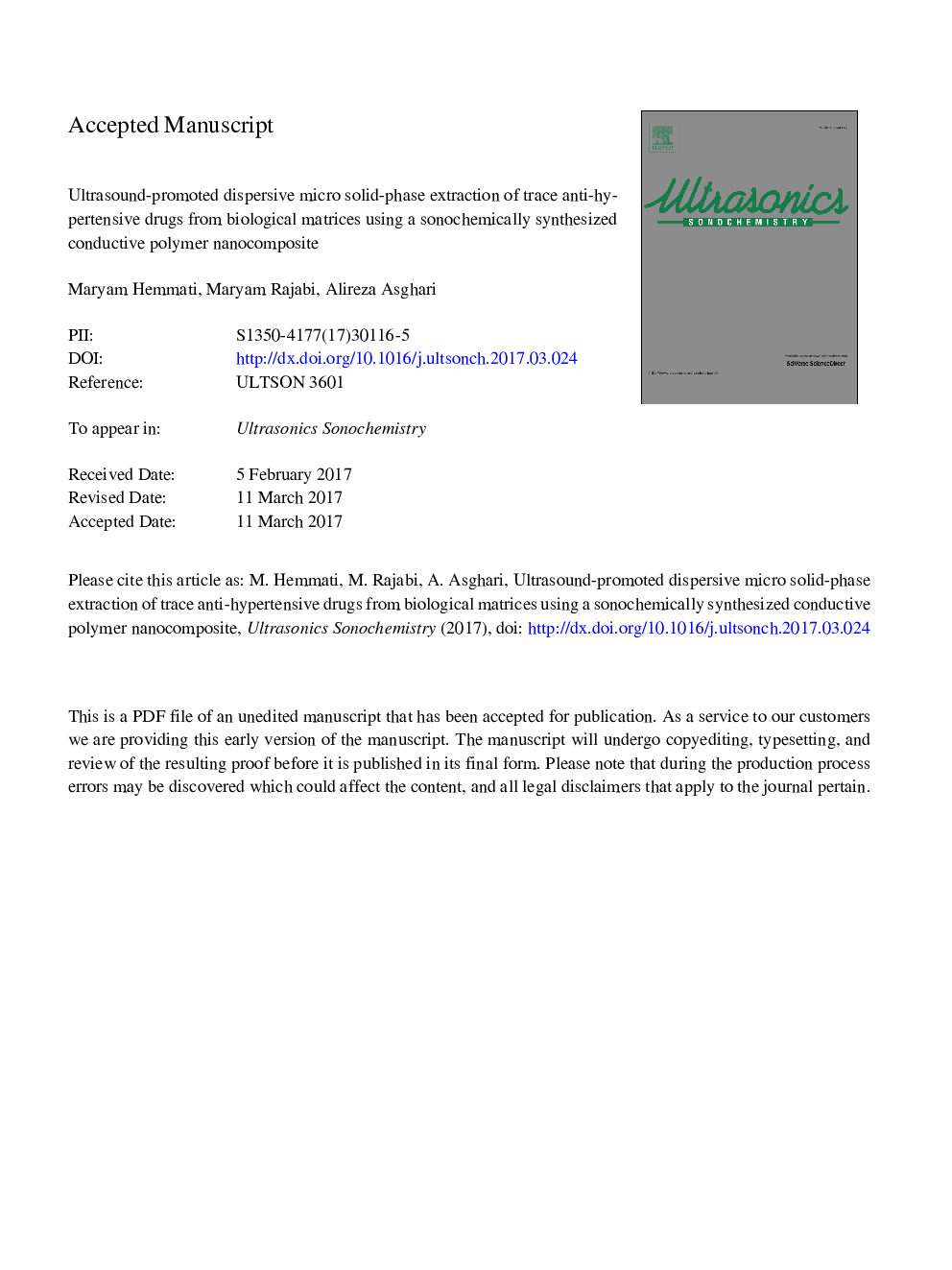 Ultrasound-promoted dispersive micro solid-phase extraction of trace anti-hypertensive drugs from biological matrices using a sonochemically synthesized conductive polymer nanocomposite