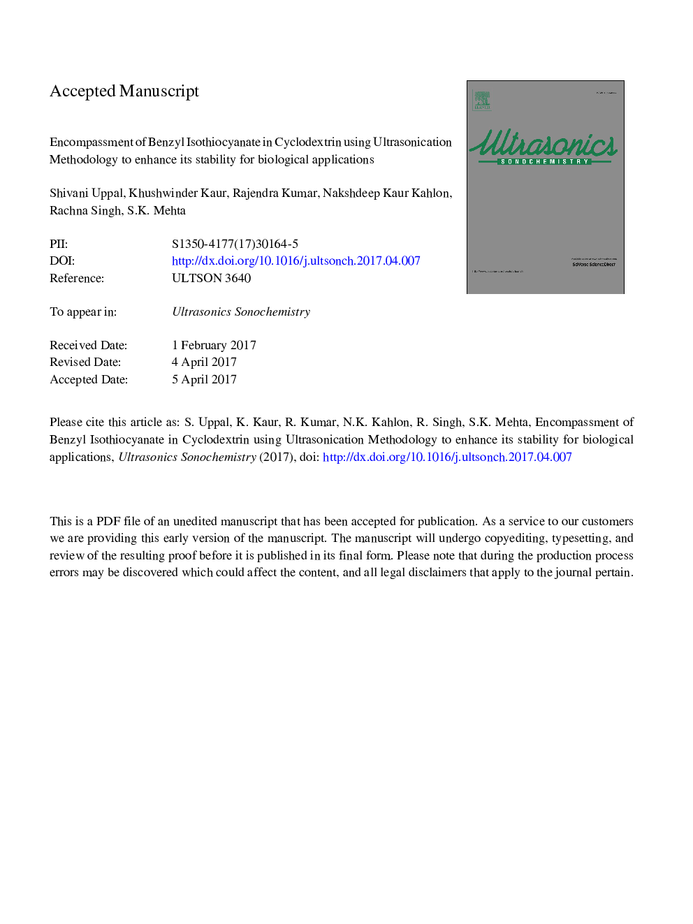 Encompassment of Benzyl Isothiocyanate in cyclodextrin using ultrasonication methodology to enhance its stability for biological applications