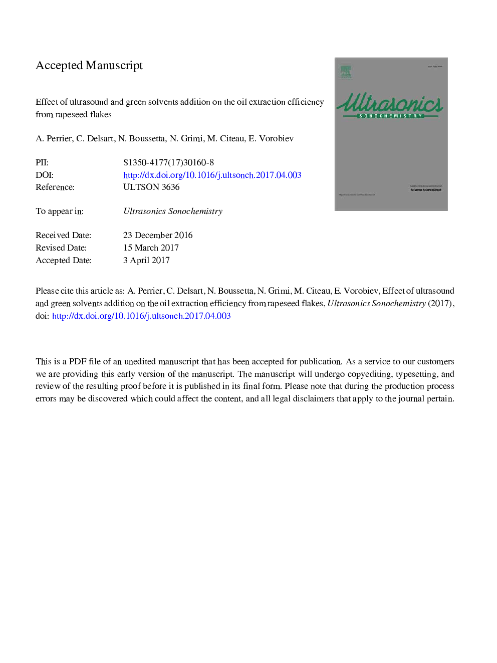 Effect of ultrasound and green solvents addition on the oil extraction efficiency from rapeseed flakes