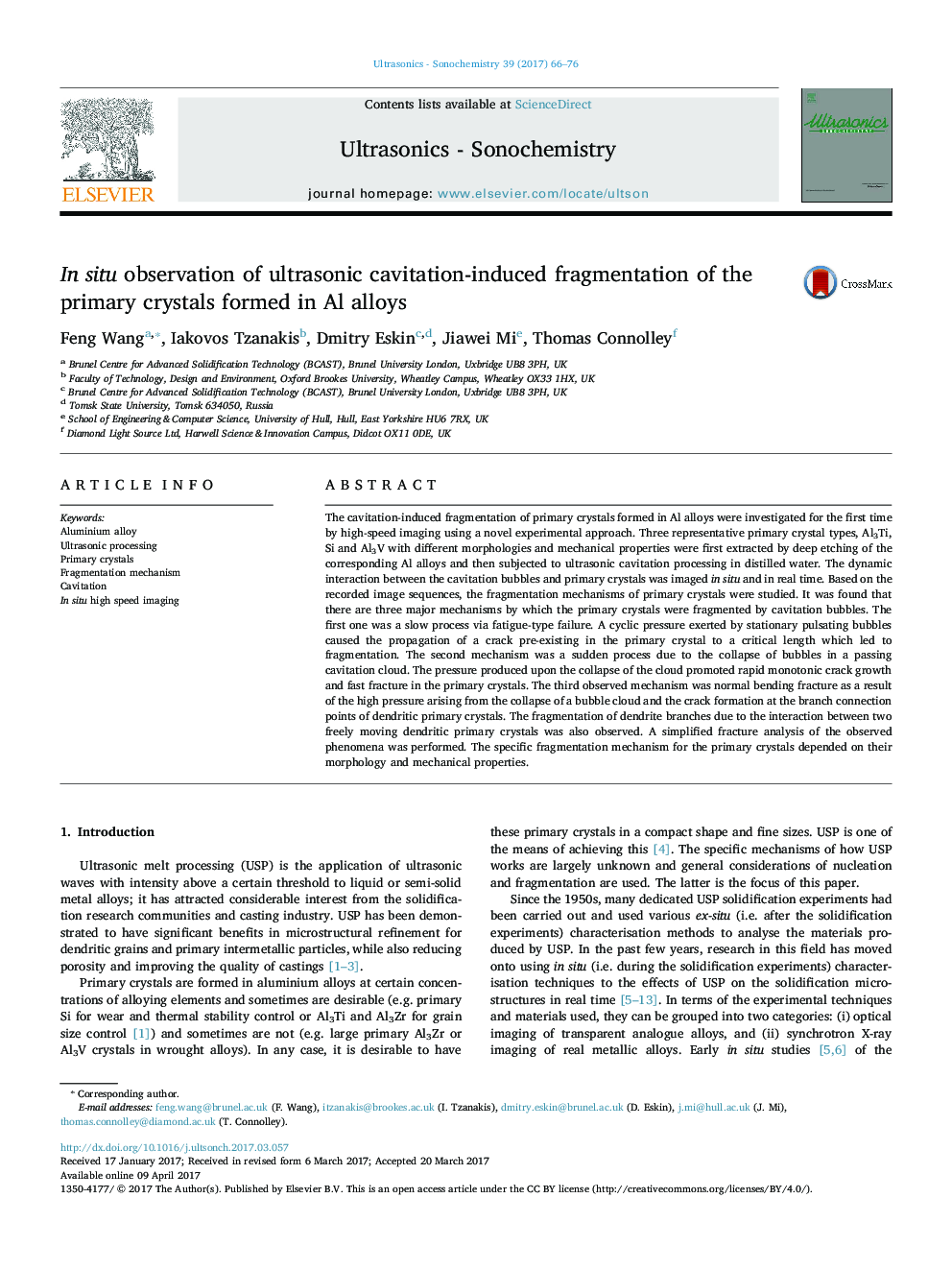 In situ observation of ultrasonic cavitation-induced fragmentation of the primary crystals formed in Al alloys