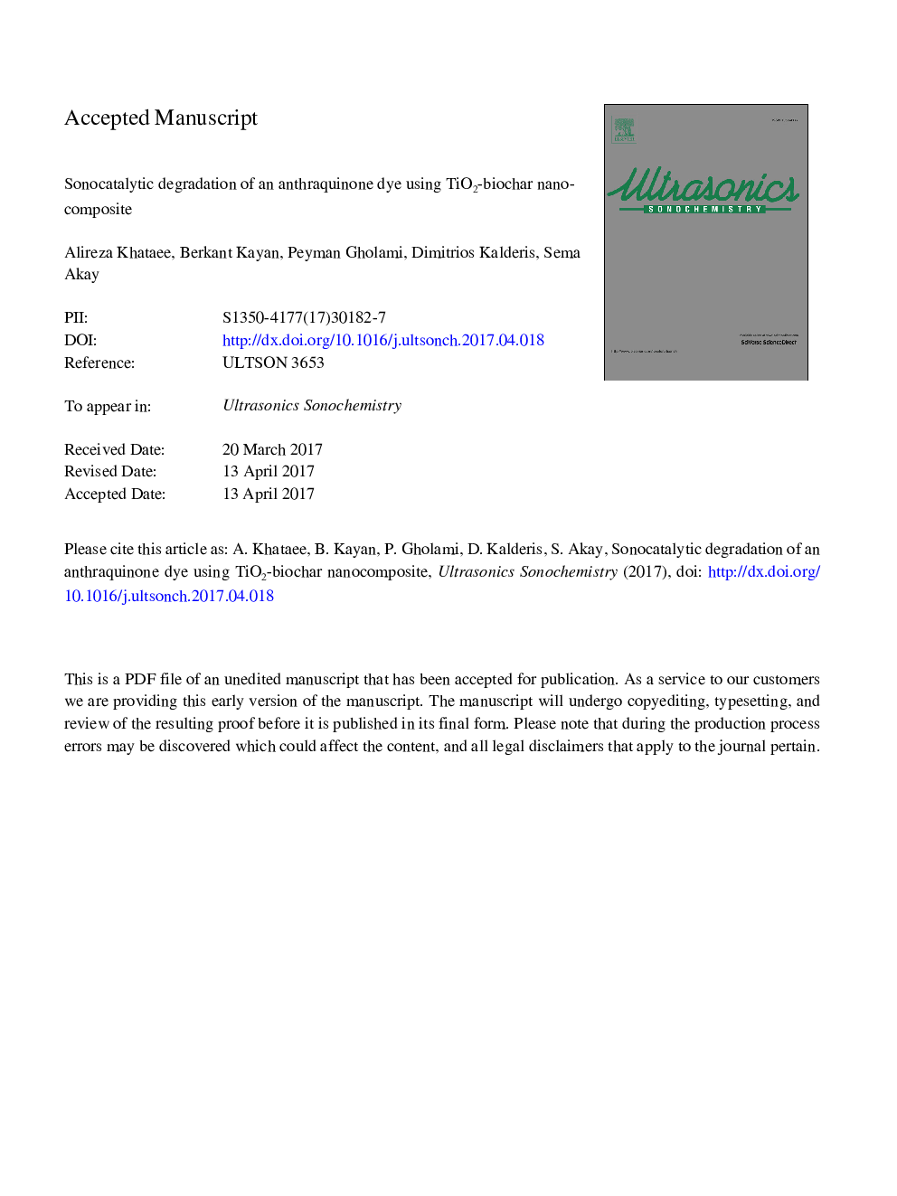 Sonocatalytic degradation of an anthraquinone dye using TiO2-biochar nanocomposite