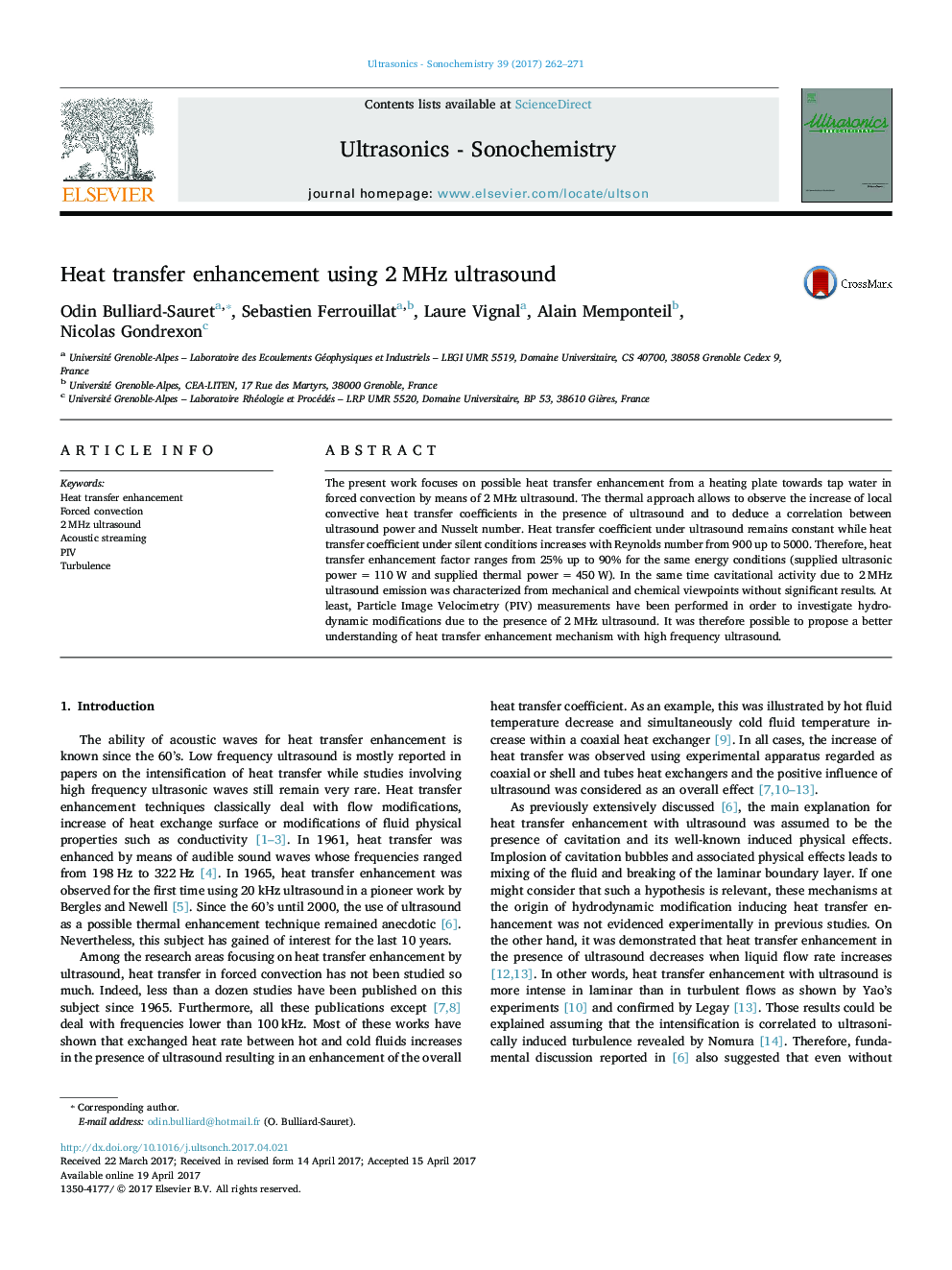 Heat transfer enhancement using 2Â MHz ultrasound