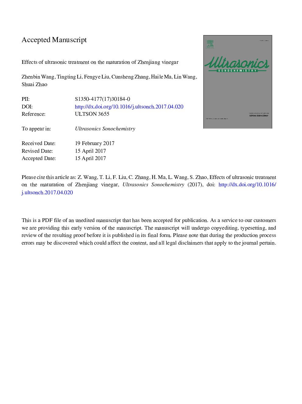 Effects of ultrasonic treatment on the maturation of Zhenjiang vinegar