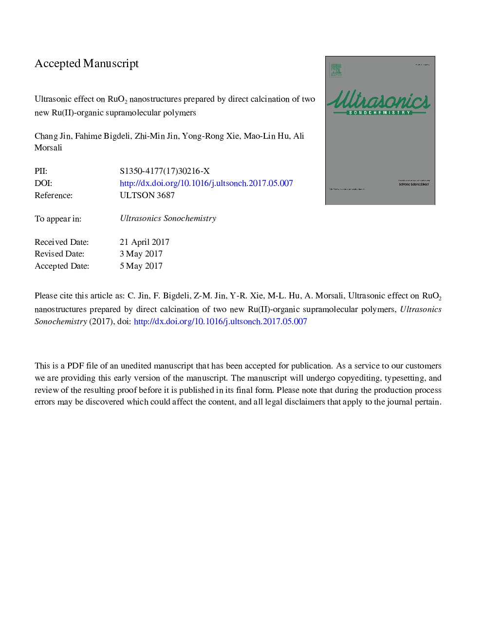 Ultrasonic effect on RuO2 nanostructures prepared by direct calcination of two new Ru(II)-organic supramolecular polymers