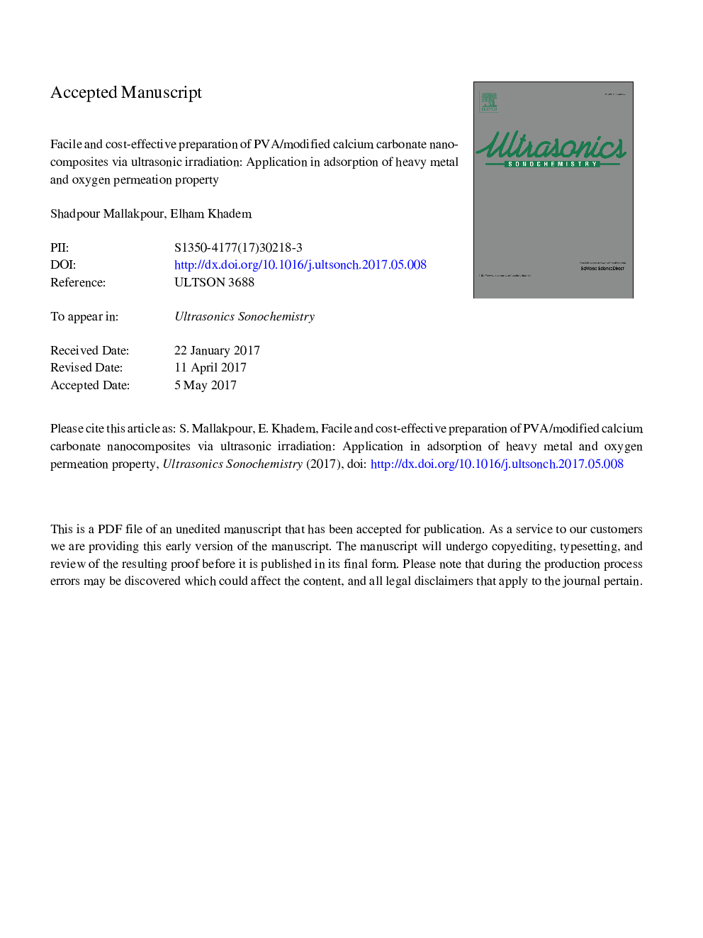 Facile and cost-effective preparation of PVA/modified calcium carbonate nanocomposites via ultrasonic irradiation: Application in adsorption of heavy metal and oxygen permeation property