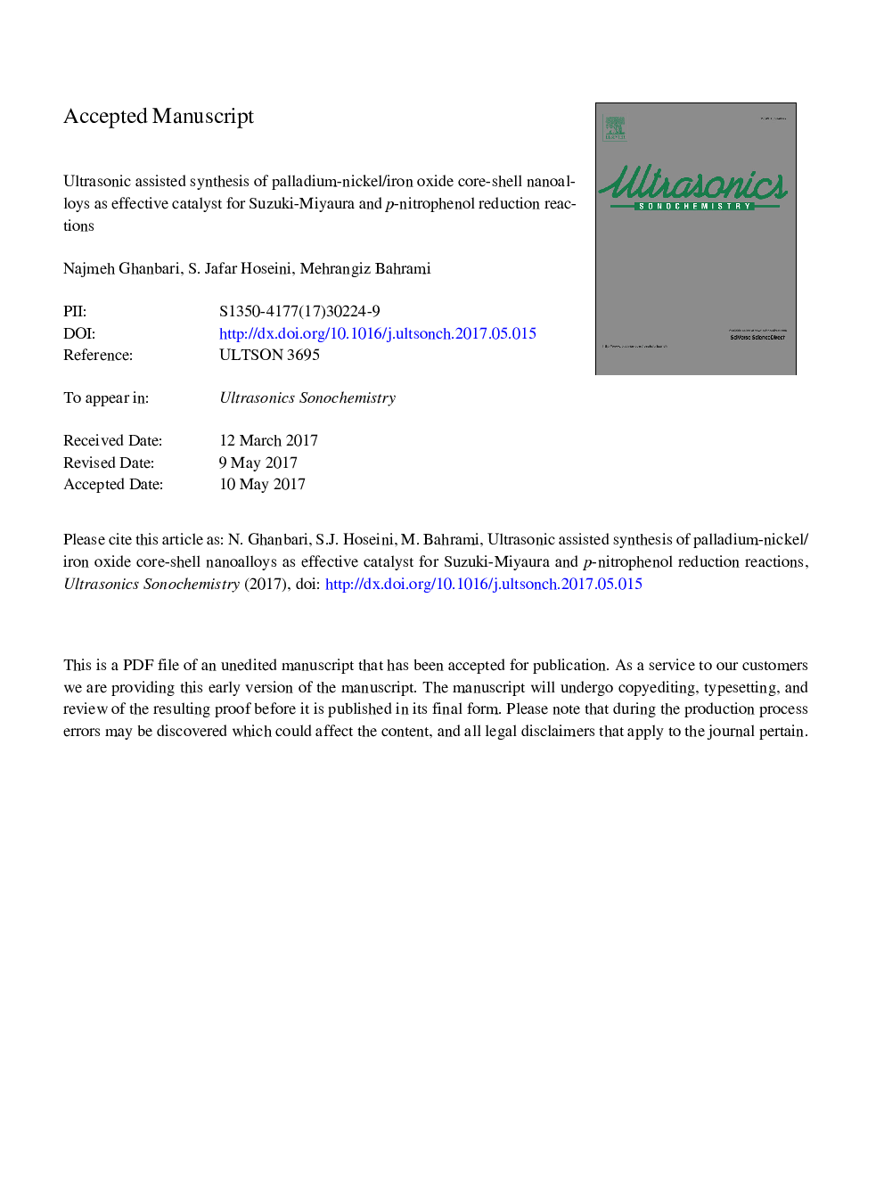 Ultrasonic assisted synthesis of palladium-nickel/iron oxide core-shell nanoalloys as effective catalyst for Suzuki-Miyaura and p-nitrophenol reduction reactions