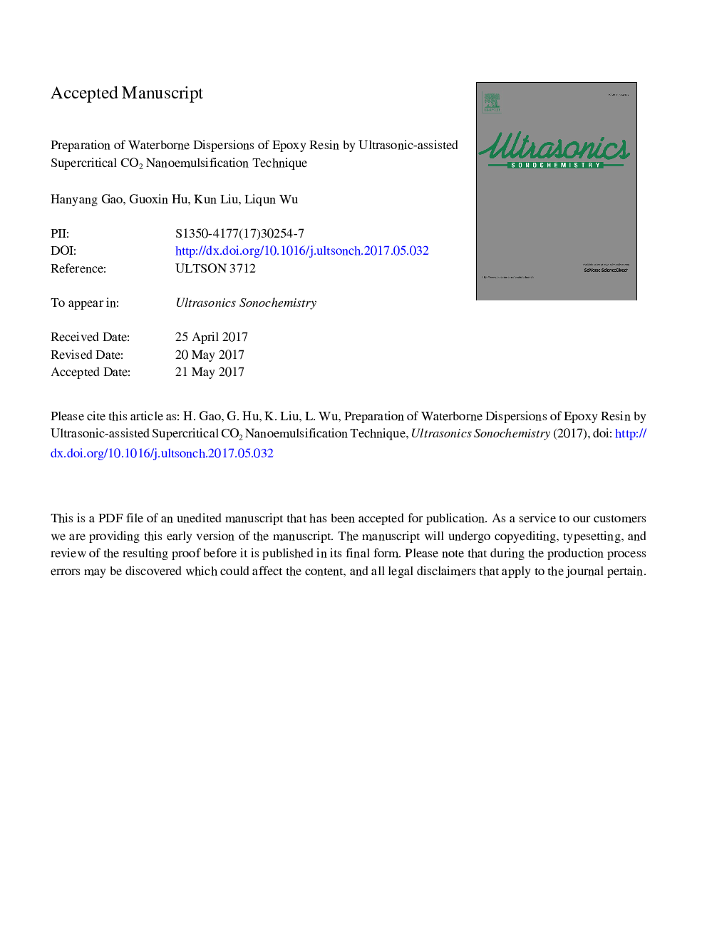 Preparation of waterborne dispersions of epoxy resin by ultrasonic-assisted supercritical CO2 nanoemulsification technique