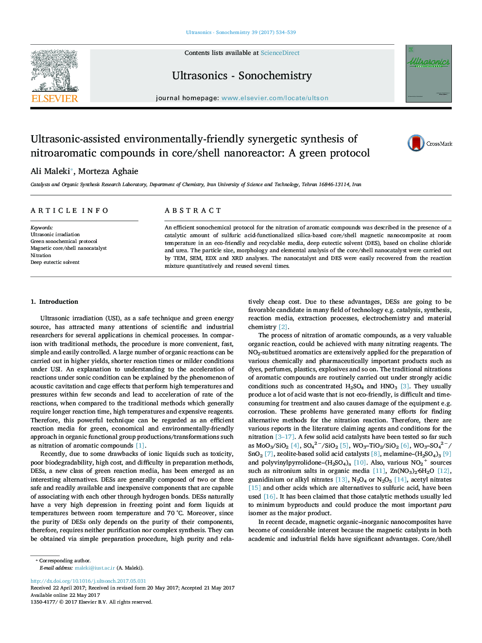 Ultrasonic-assisted environmentally-friendly synergetic synthesis of nitroaromatic compounds in core/shell nanoreactor: A green protocol