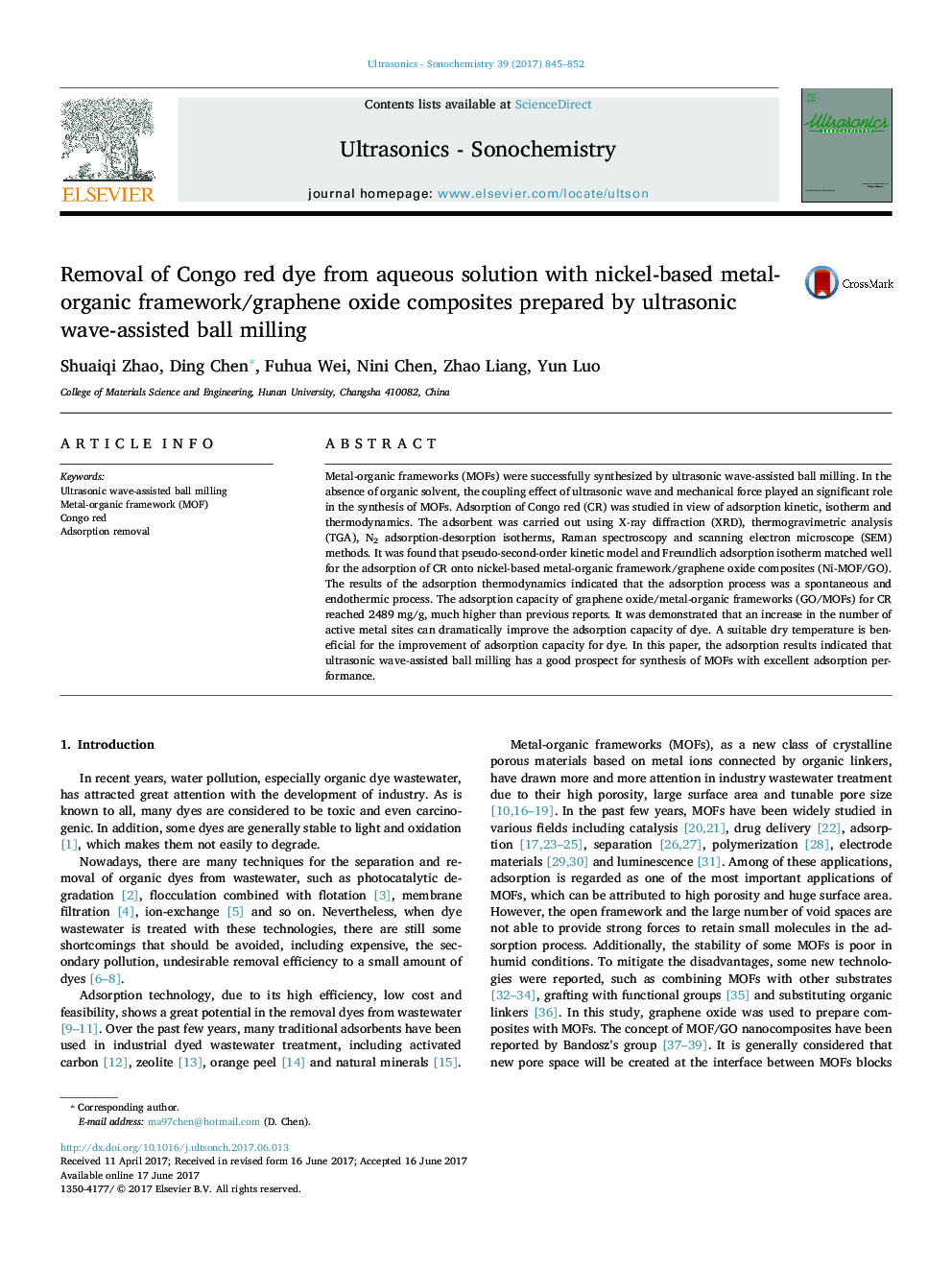 Removal of Congo red dye from aqueous solution with nickel-based metal-organic framework/graphene oxide composites prepared by ultrasonic wave-assisted ball milling