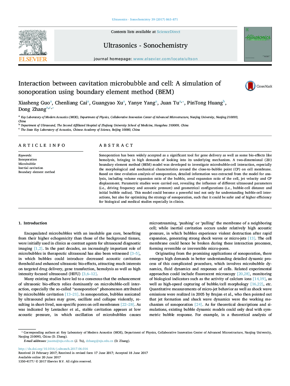 Interaction between cavitation microbubble and cell: A simulation of sonoporation using boundary element method (BEM)