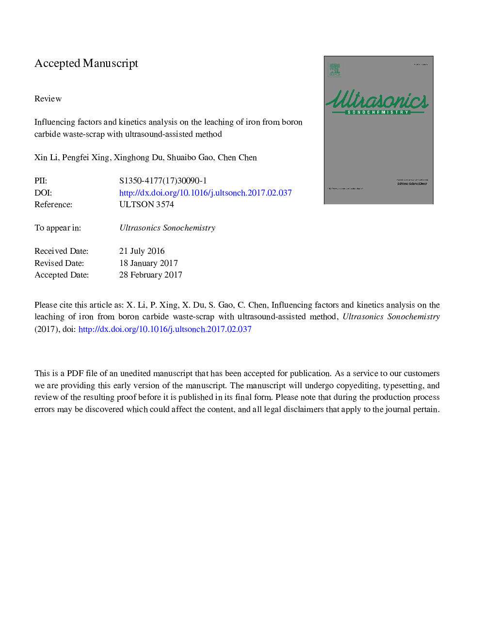 Influencing factors and kinetics analysis on the leaching of iron from boron carbide waste-scrap with ultrasound-assisted method