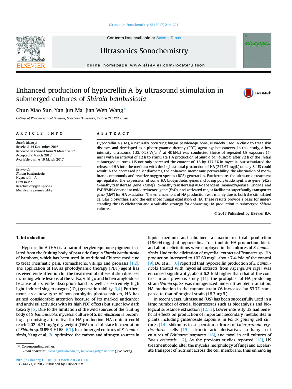 Enhanced production of hypocrellin A by ultrasound stimulation in submerged cultures of Shiraia bambusicola