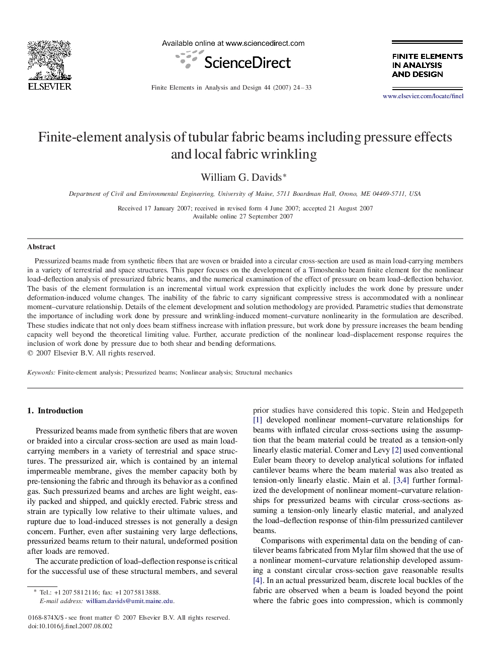 Finite-element analysis of tubular fabric beams including pressure effects and local fabric wrinkling