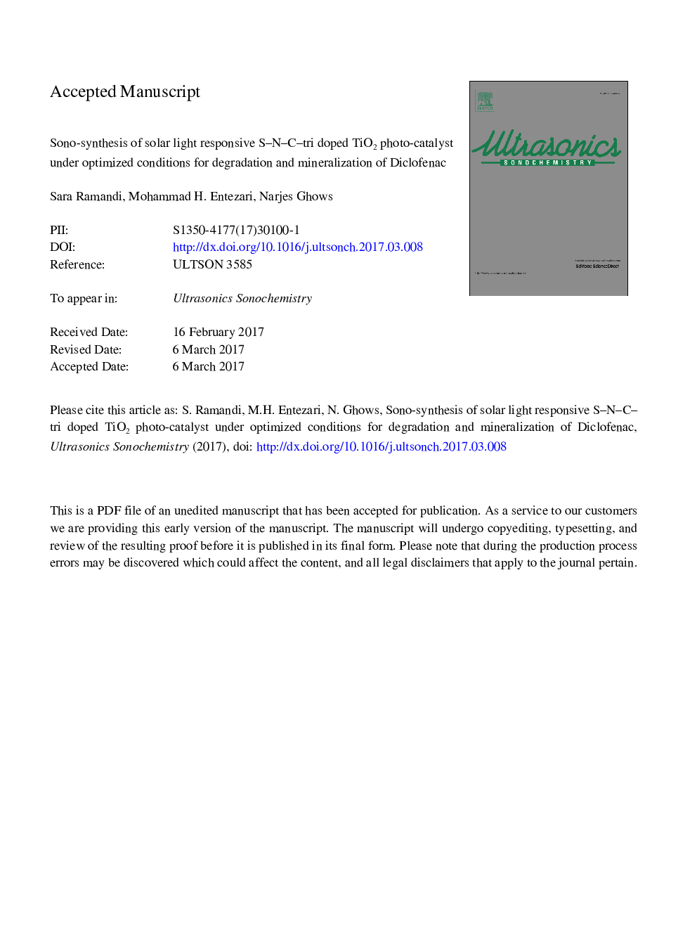 Sono-synthesis of solar light responsive S-N-C-tri doped TiO2 photo-catalyst under optimized conditions for degradation and mineralization of Diclofenac