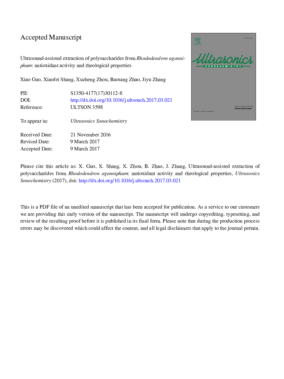 Ultrasound-assisted extraction of polysaccharides from Rhododendron aganniphum: Antioxidant activity and rheological properties