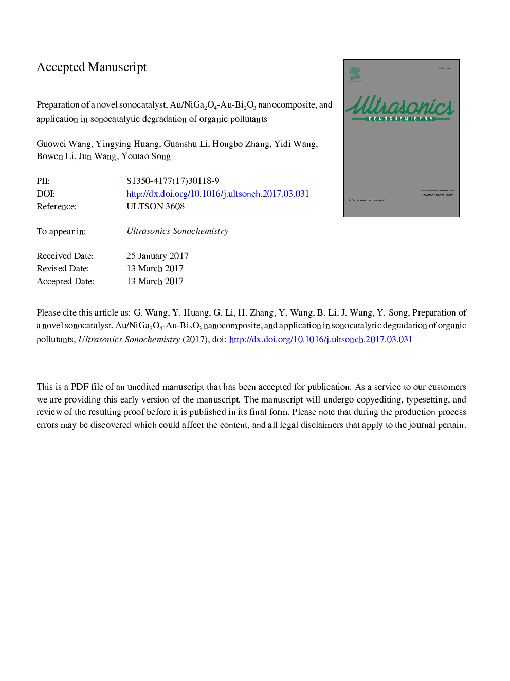 Preparation of a novel sonocatalyst, Au/NiGa2O4-Au-Bi2O3 nanocomposite, and application in sonocatalytic degradation of organic pollutants