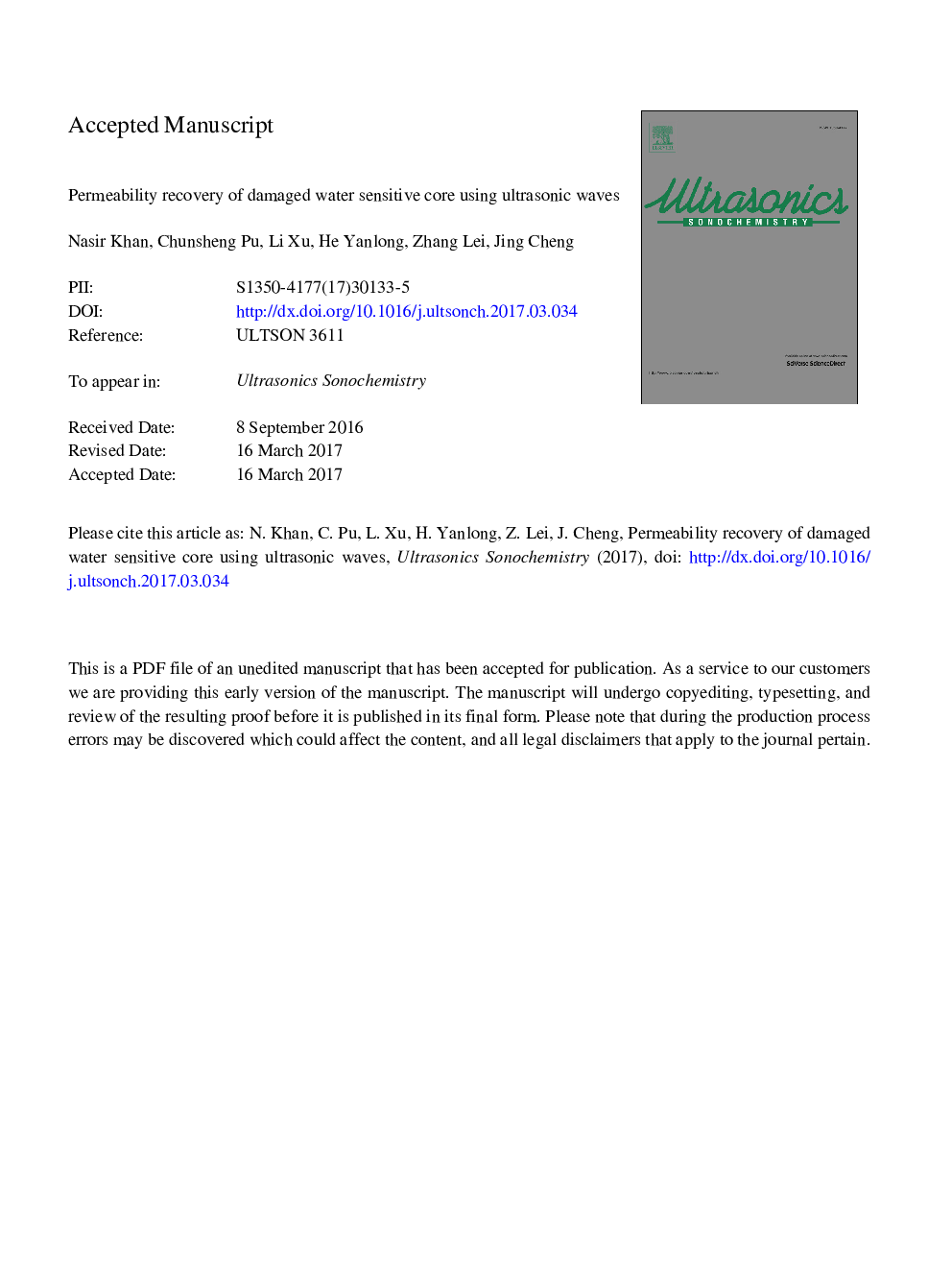 Permeability recovery of damaged water sensitive core using ultrasonic waves