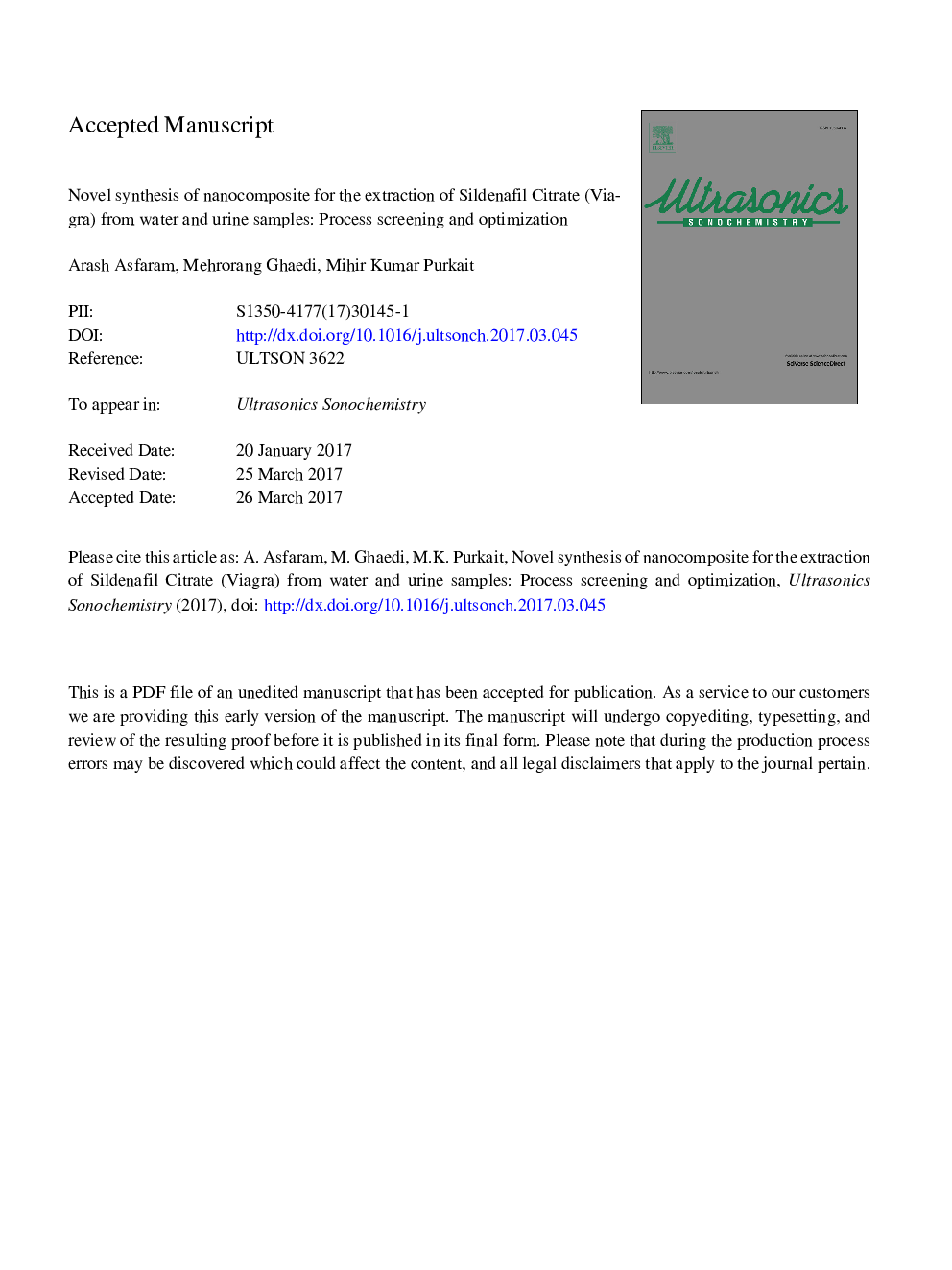 Novel synthesis of nanocomposite for the extraction of Sildenafil Citrate (Viagra) from water and urine samples: Process screening and optimization