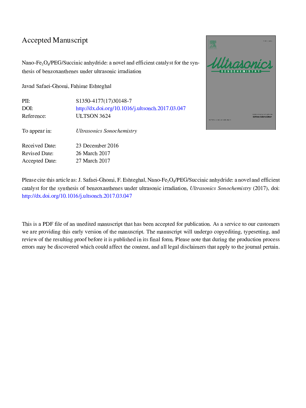 Nano-Fe3O4/PEG/succinic anhydride: A novel and efficient catalyst for the synthesis of benzoxanthenes under ultrasonic irradiation