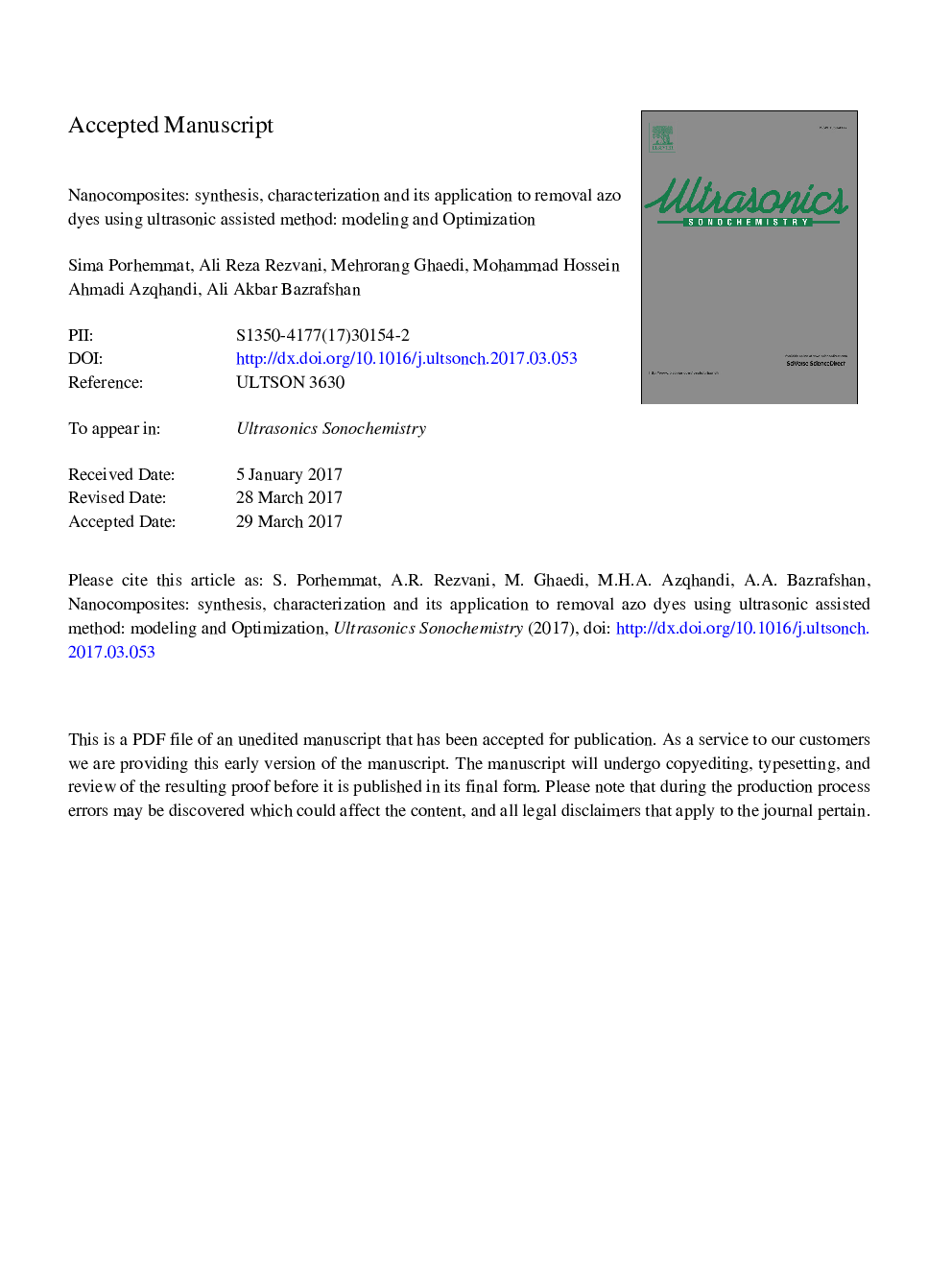 Nanocomposites: Synthesis, characterization and its application to removal azo dyes using ultrasonic assisted method: Modeling and optimization