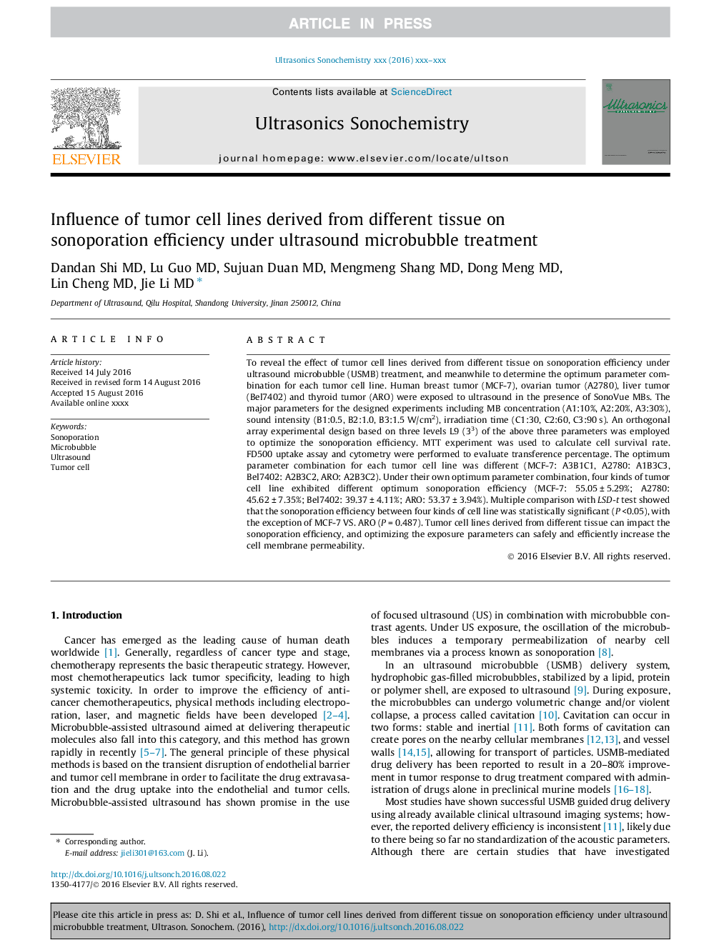 Influence of tumor cell lines derived from different tissue on sonoporation efficiency under ultrasound microbubble treatment