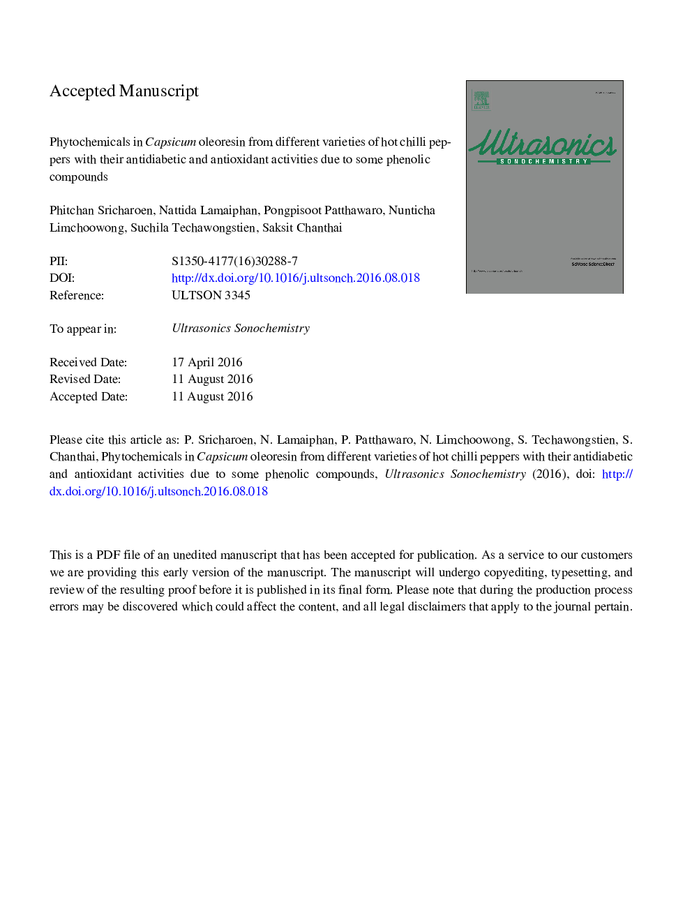 Phytochemicals in Capsicum oleoresin from different varieties of hot chilli peppers with their antidiabetic and antioxidant activities due to some phenolic compounds