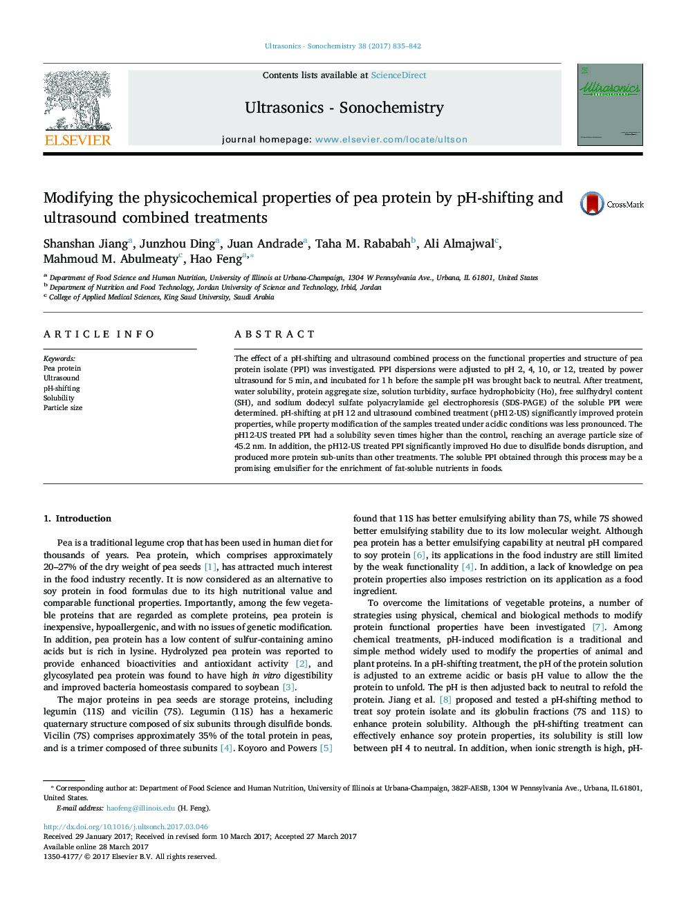 Modifying the physicochemical properties of pea protein by pH-shifting and ultrasound combined treatments