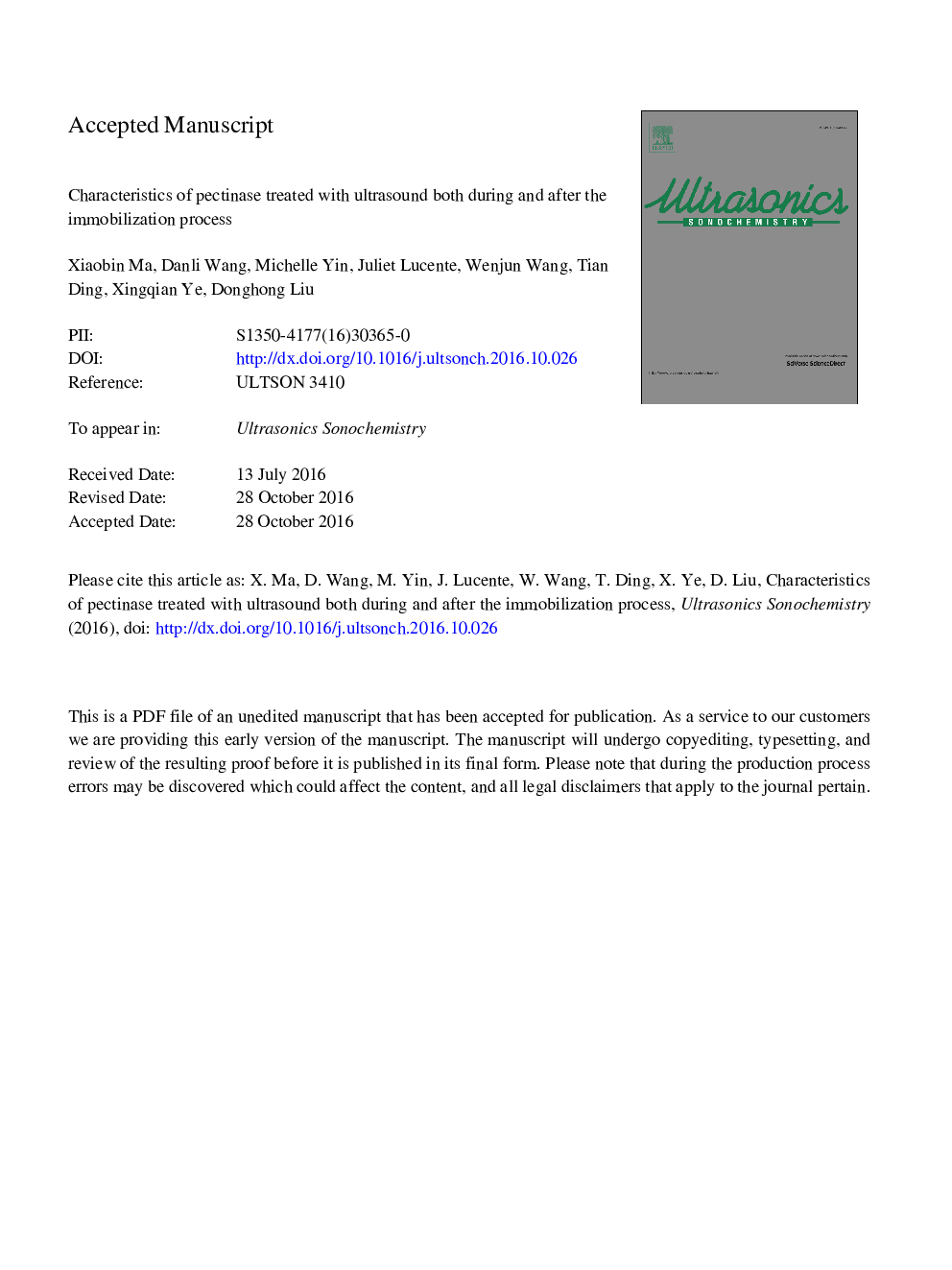 Characteristics of pectinase treated with ultrasound both during and after the immobilization process