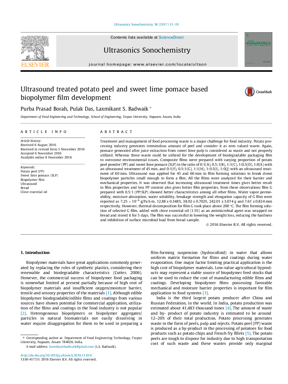 Ultrasound treated potato peel and sweet lime pomace based biopolymer film development