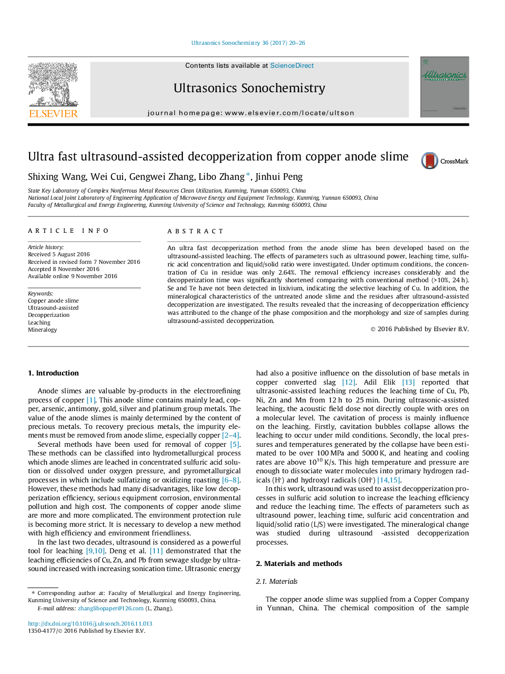 Ultra fast ultrasound-assisted decopperization from copper anode slime