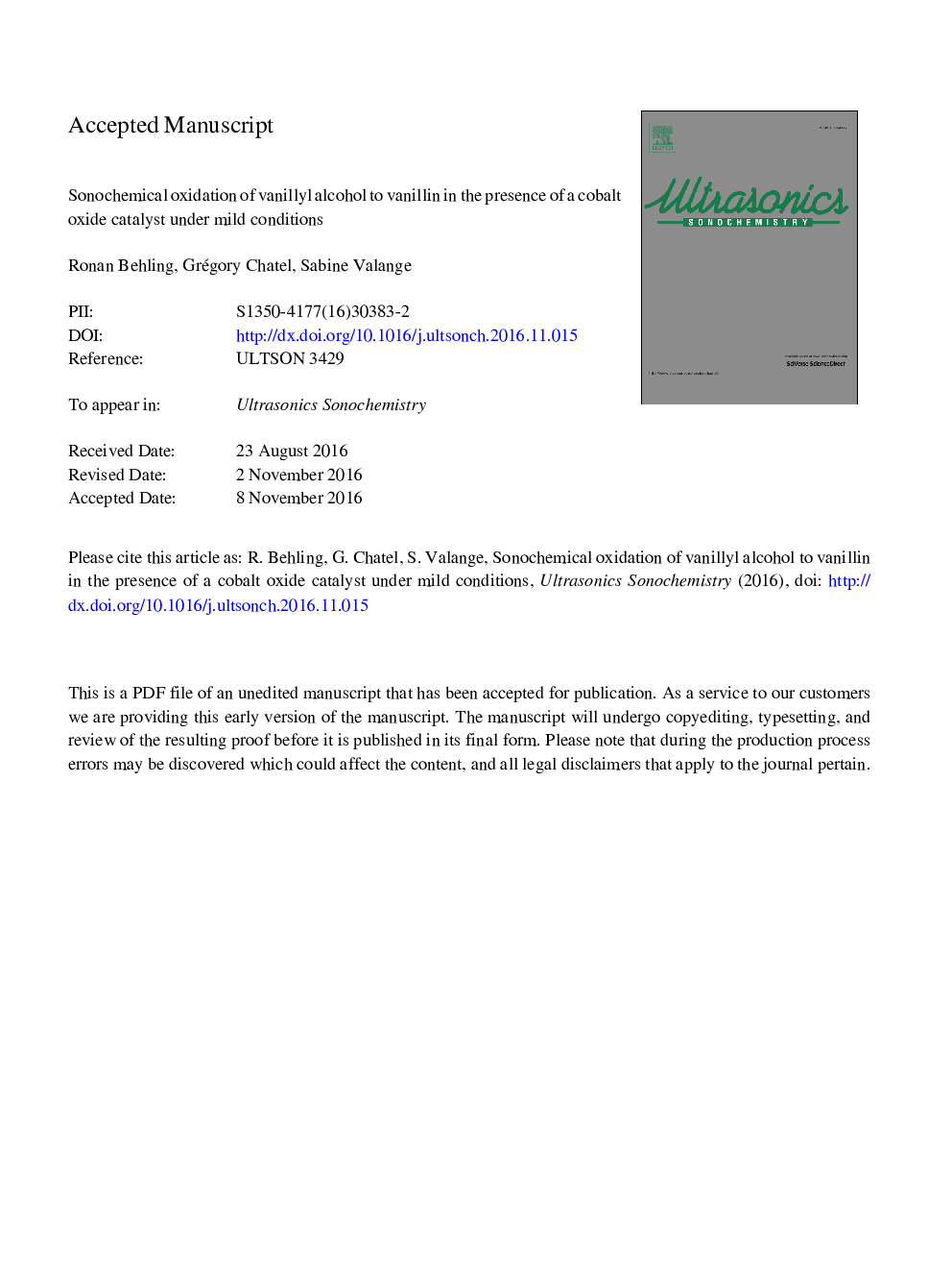 Sonochemical oxidation of vanillyl alcohol to vanillin in the presence of a cobalt oxide catalyst under mild conditions