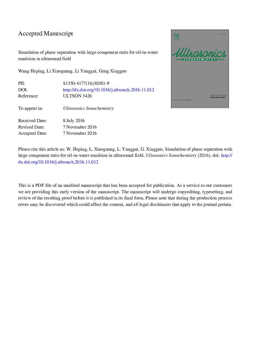 Simulation of phase separation with large component ratio for oil-in-water emulsion in ultrasound field