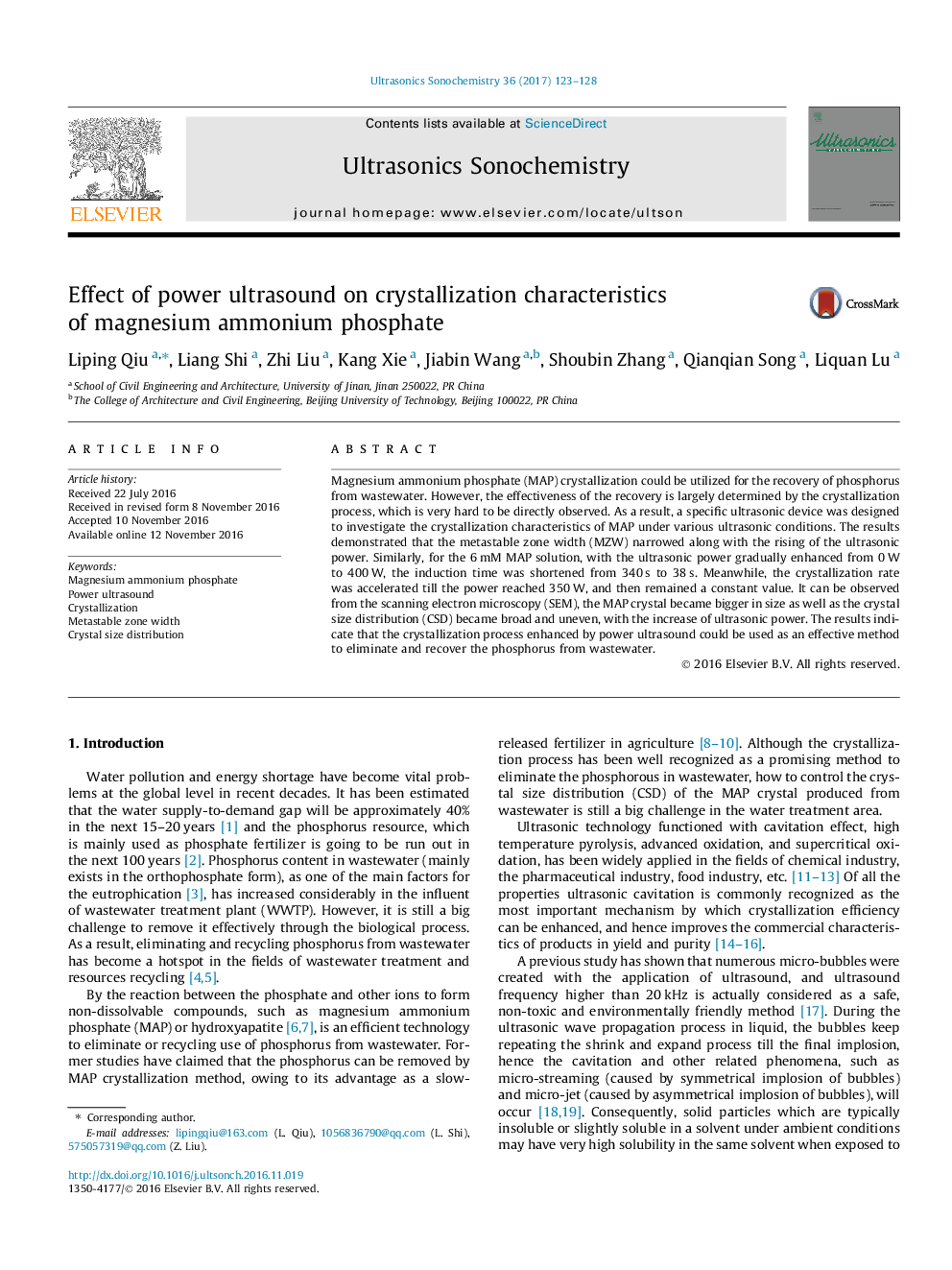 Effect of power ultrasound on crystallization characteristics of magnesium ammonium phosphate