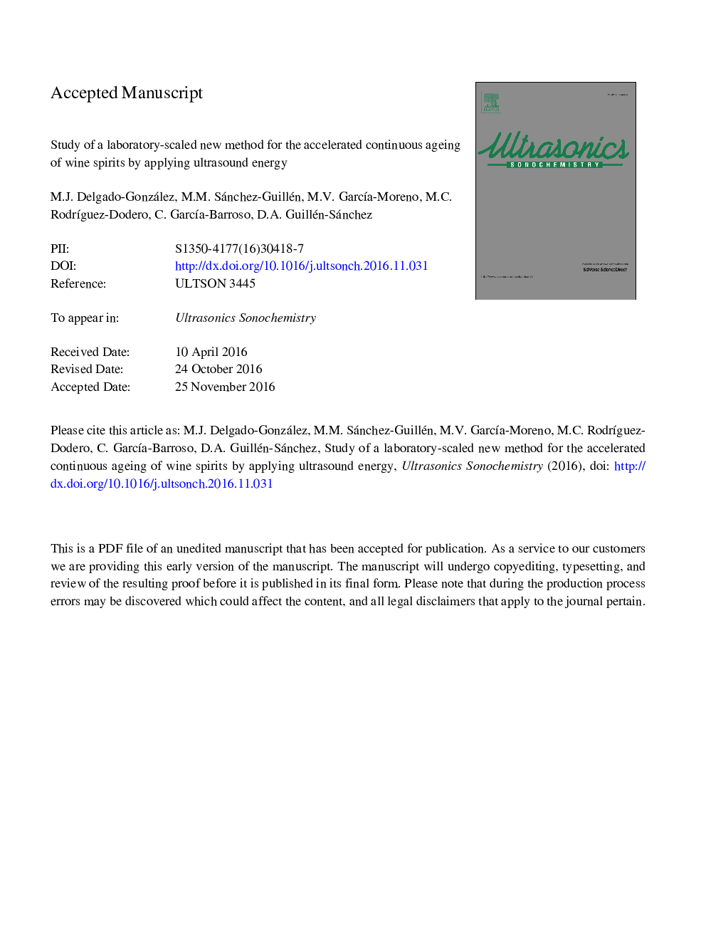 Study of a laboratory-scaled new method for the accelerated continuous ageing of wine spirits by applying ultrasound energy