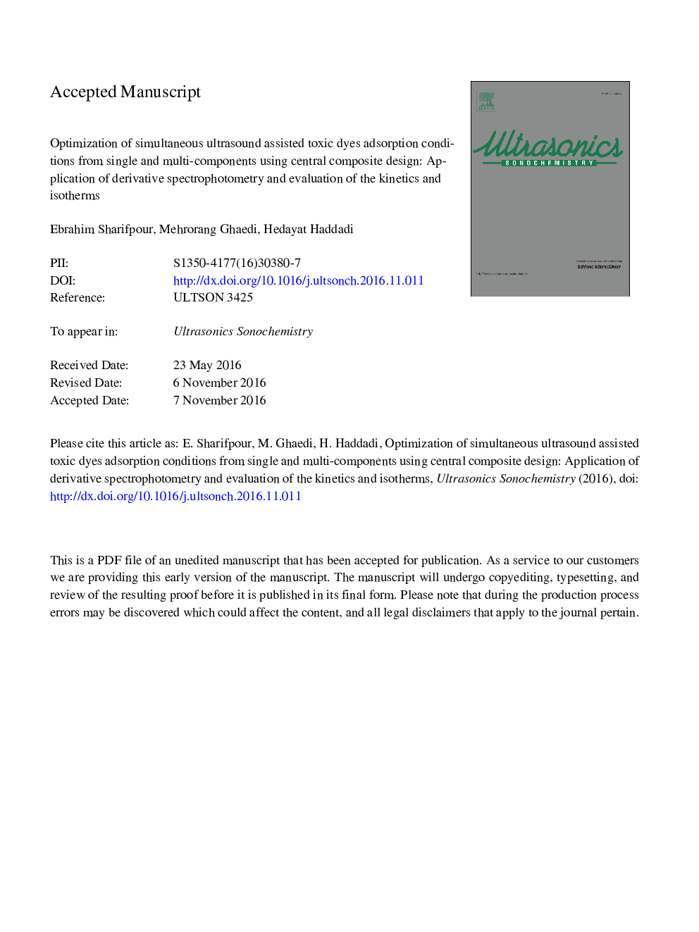 Optimization of simultaneous ultrasound assisted toxic dyes adsorption conditions from single and multi-components using central composite design: Application of derivative spectrophotometry and evaluation of the kinetics and isotherms