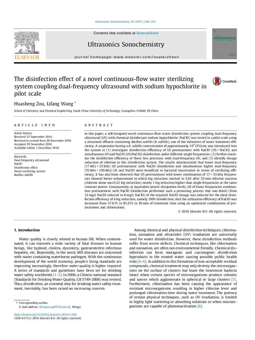 The disinfection effect of a novel continuous-flow water sterilizing system coupling dual-frequency ultrasound with sodium hypochlorite in pilot scale