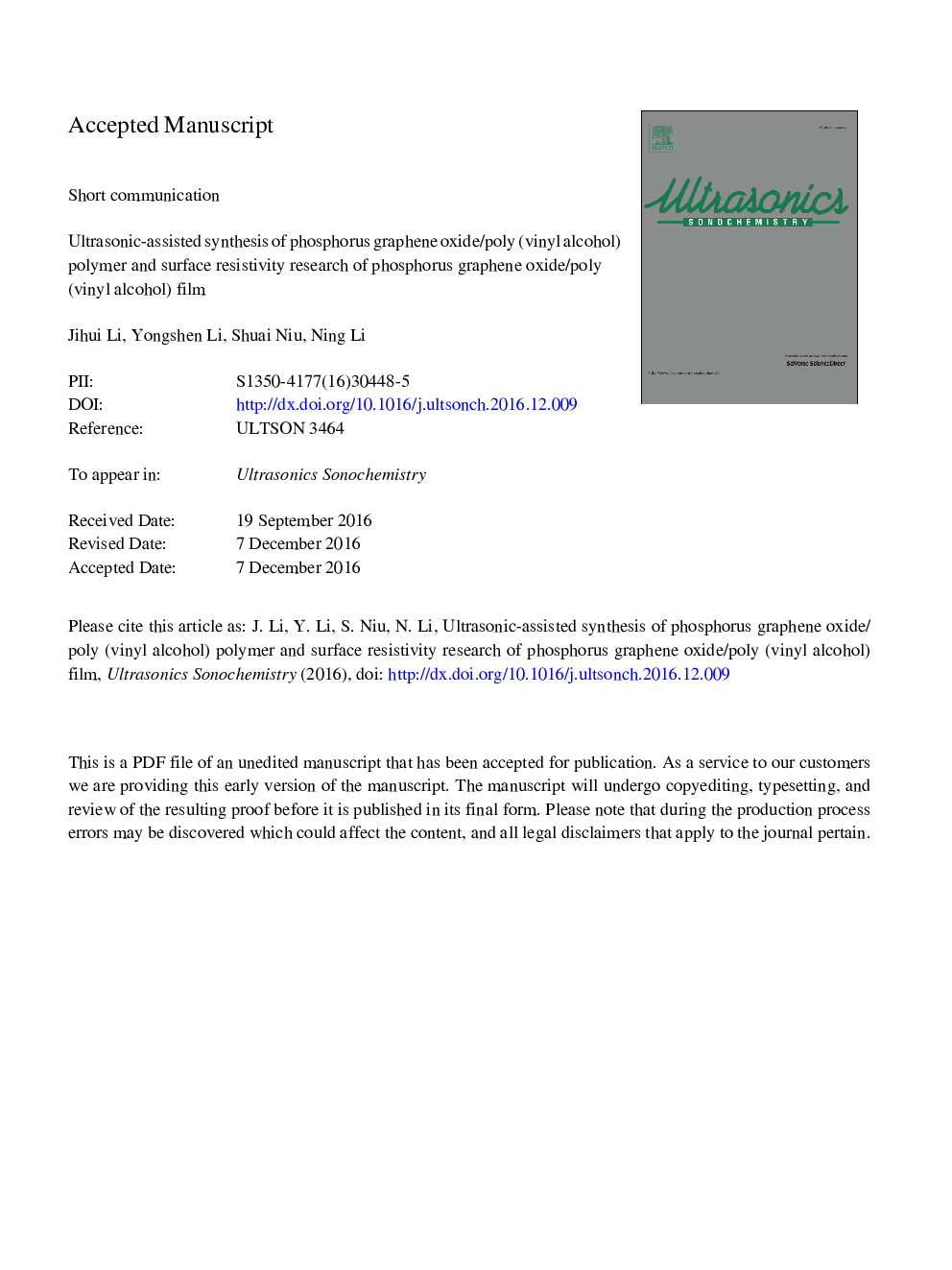 Ultrasonic-assisted synthesis of phosphorus graphene oxide/poly (vinyl alcohol) polymer and surface resistivity research of phosphorus graphene oxide/poly (vinyl alcohol) film