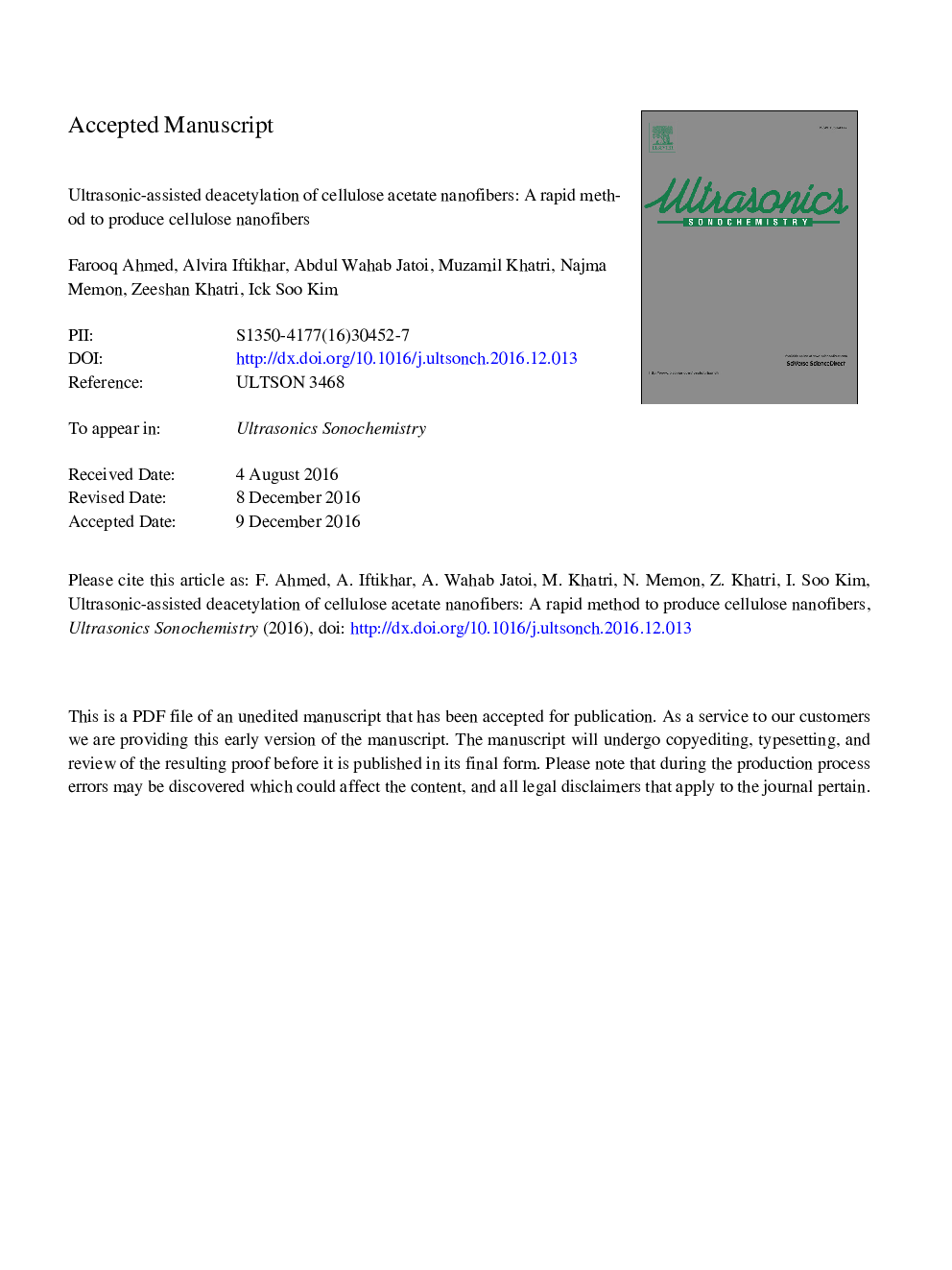 Ultrasonic-assisted deacetylation of cellulose acetate nanofibers: A rapid method to produce cellulose nanofibers