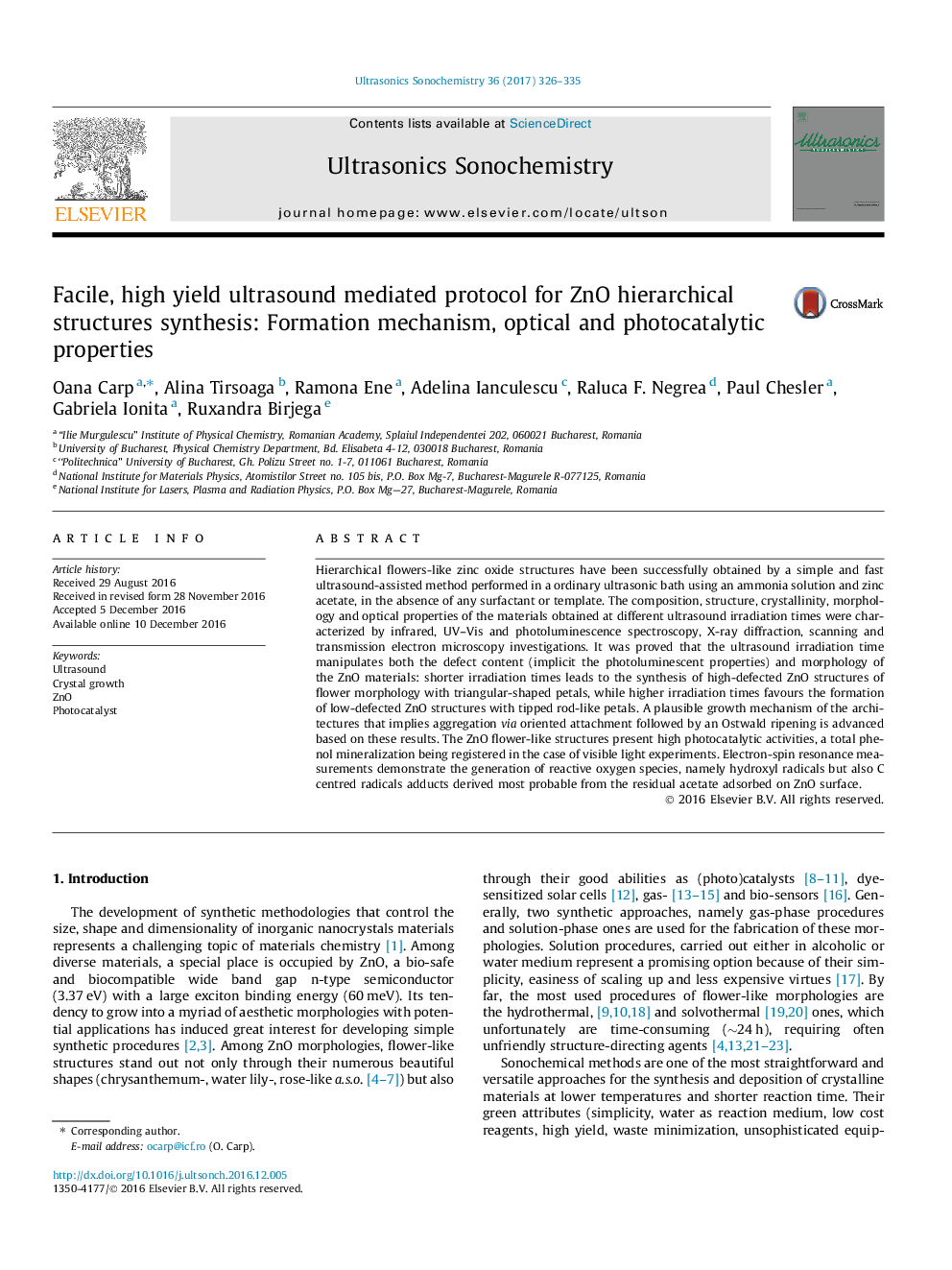 Facile, high yield ultrasound mediated protocol for ZnO hierarchical structures synthesis: Formation mechanism, optical and photocatalytic properties