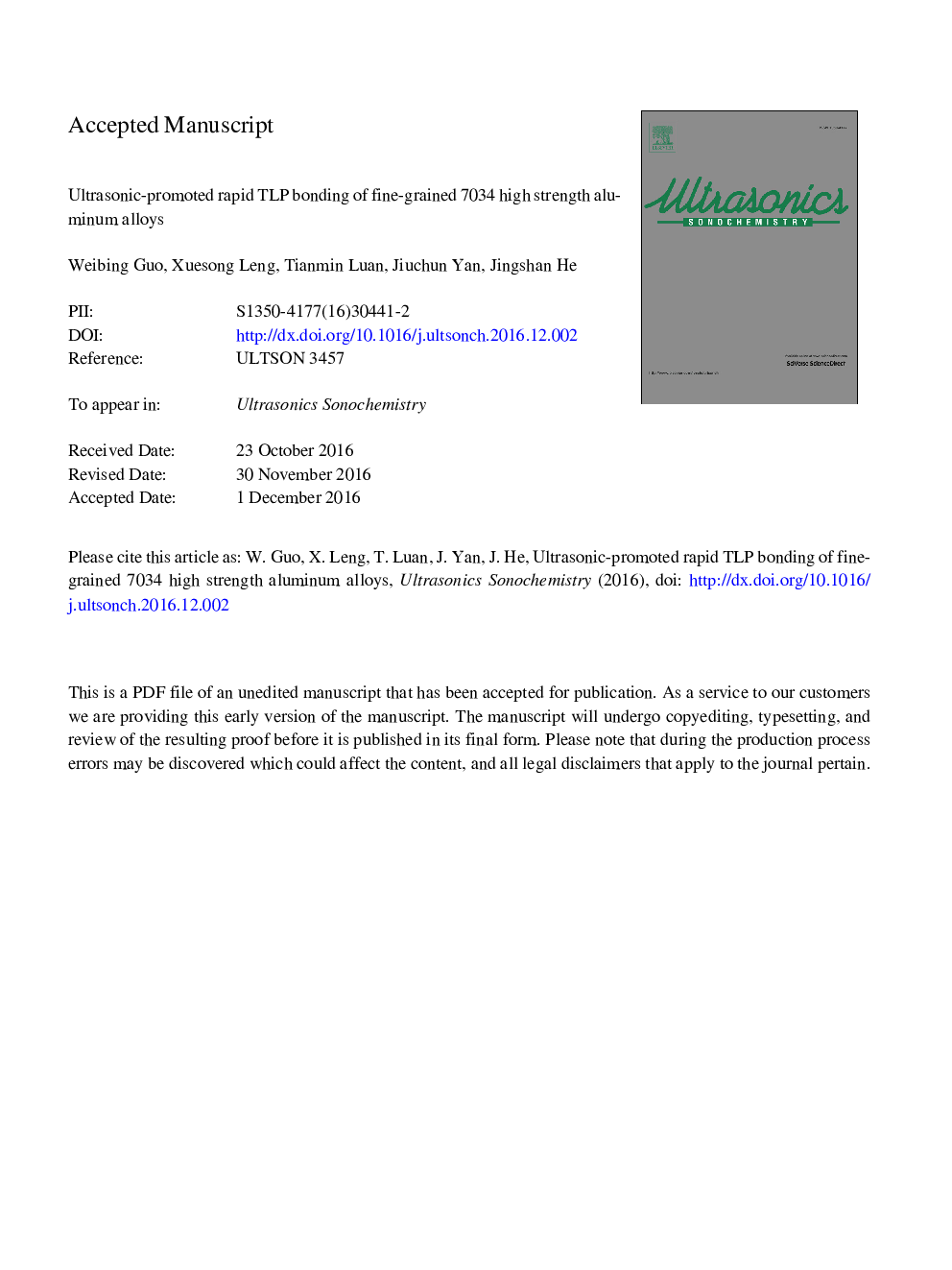 Ultrasonic-promoted rapid TLP bonding of fine-grained 7034 high strength aluminum alloys